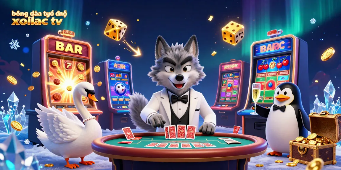 Win big with bóng đá trực tuyến xoilac tv, featuring a lively illustration of a debonair wolf at a baccarat table.