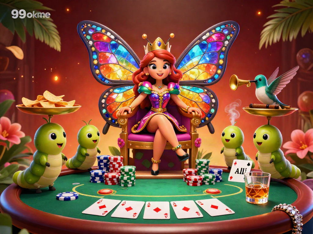 Participate in an exciting gaming adventure with 99okme, featuring vibrant casino elements and characters.