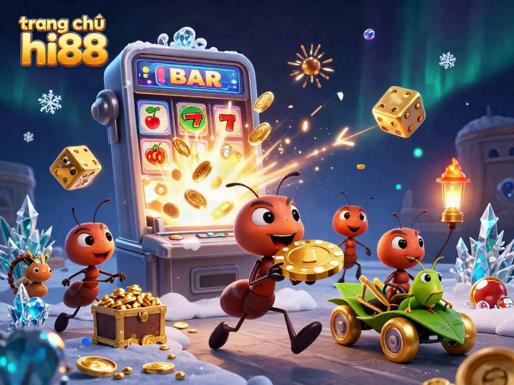 Experience the bustling scene at trang chủ hi88 with animated ants stealing a giant poker chip.