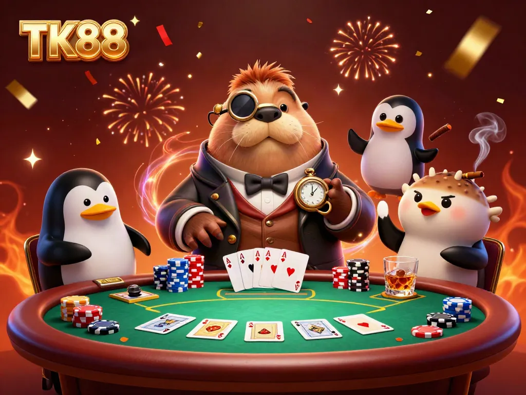 Experience exciting poker action with TK88 alongside a jolly walrus and penguin dealer.