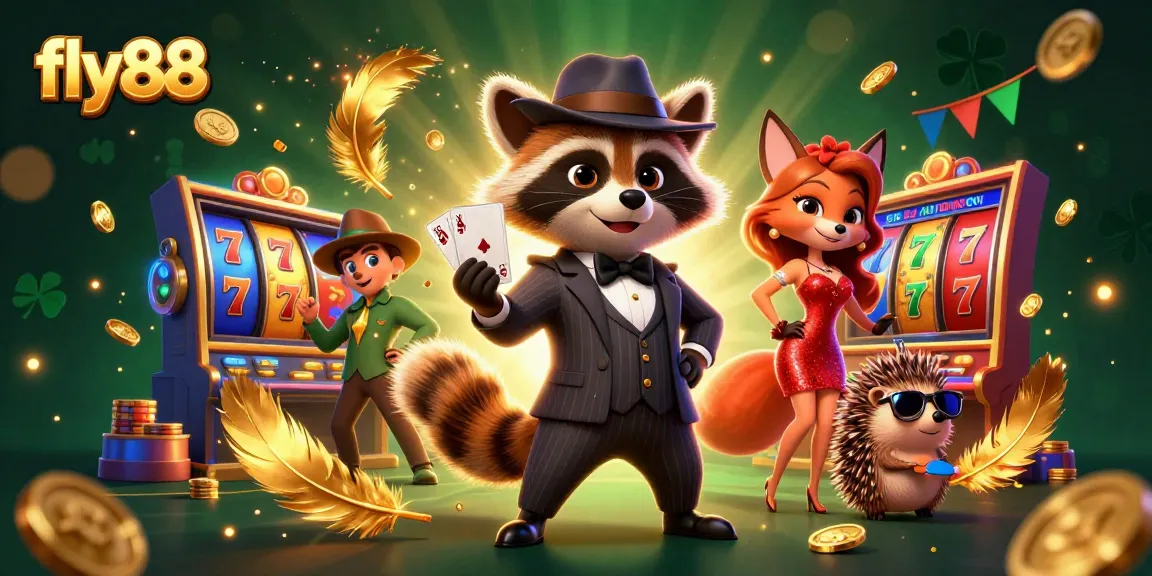 Fly88 gaming scene featuring a suave raccoon, a charming fox, and a hedgehog bouncer in a dynamic casino environment.