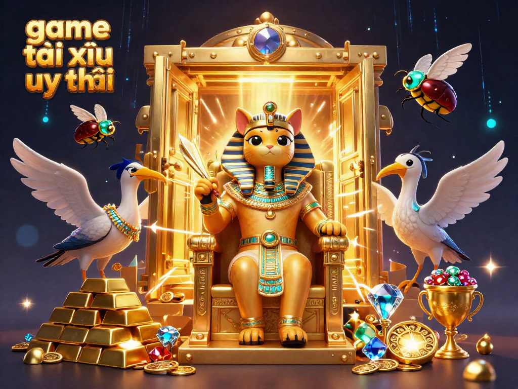 Immerse in the exciting world of game tài xỉu uy tín with this vibrant illustration of a cartoon Egyptian pharaoh cat and treasures.