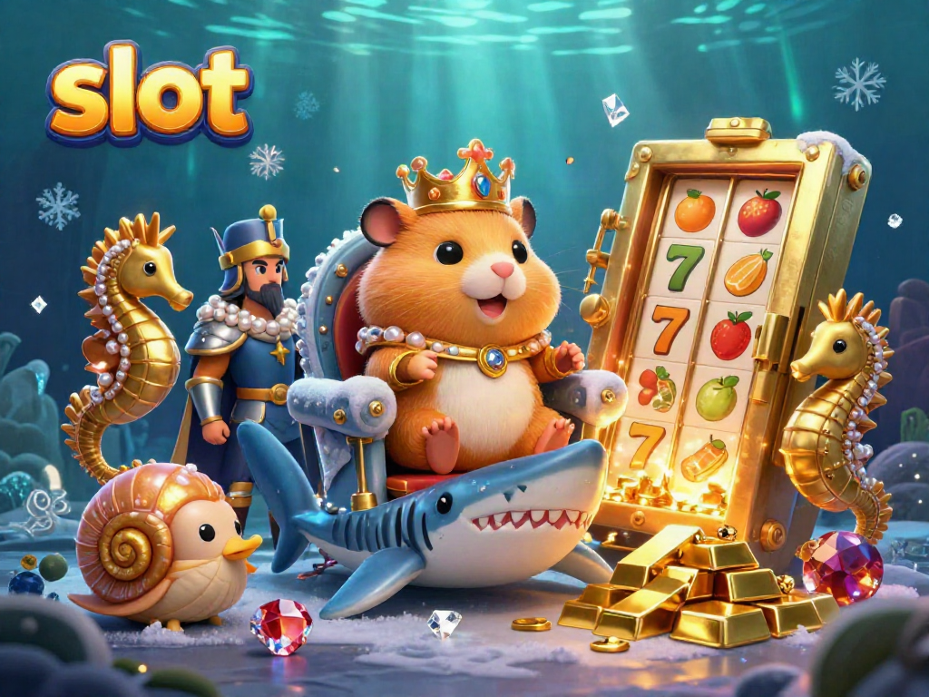 Experience the excitement of slot machines with a golden hamster king in a treasure-filled underwater scene.
