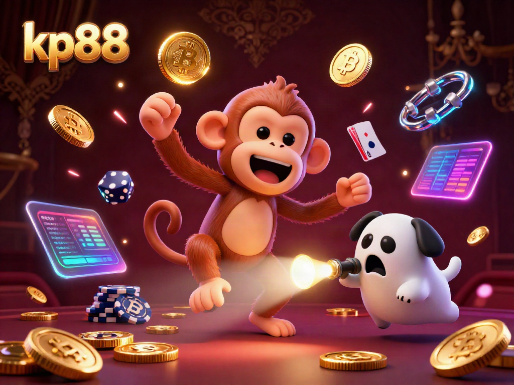 Experience the vibrant energy of kp88 with a poltergeist monkey juggling in a haunted casino.
