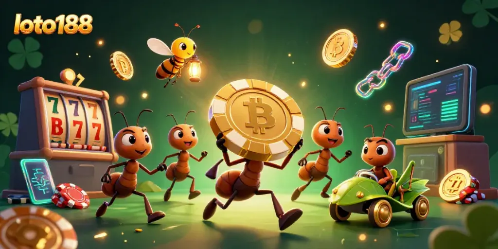 Join the action with loto188 as ants carry a giant poker chip through a vibrant casino scene.