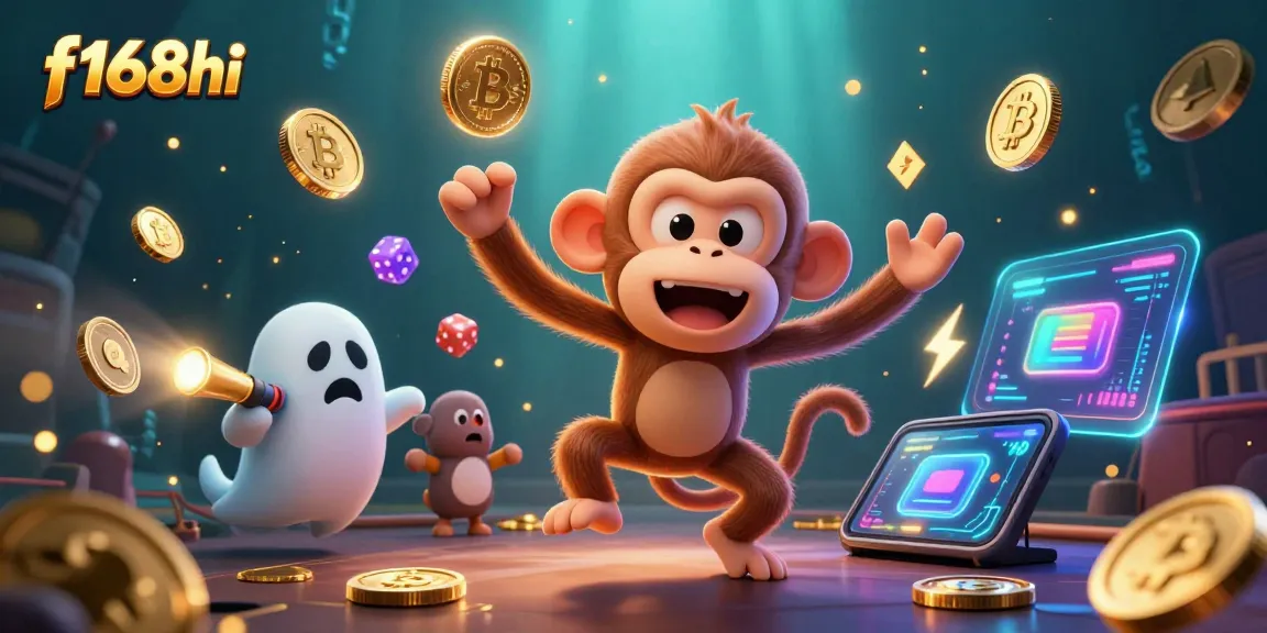 Engage with the vibrant, dynamic scene of f168hi featuring a playful ghostly monkey juggling golden casino elements in a haunted setting.