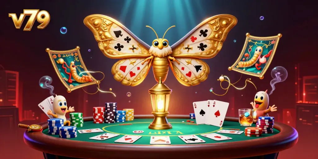 Experience the vibrant v79 casino scene with an atlas moth and poker elements.