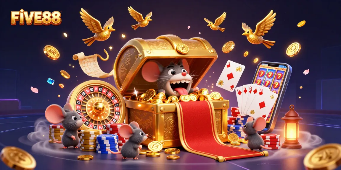 Engage in thrilling gaming at FIVE88 with dazzling coins and vibrant casino elements.