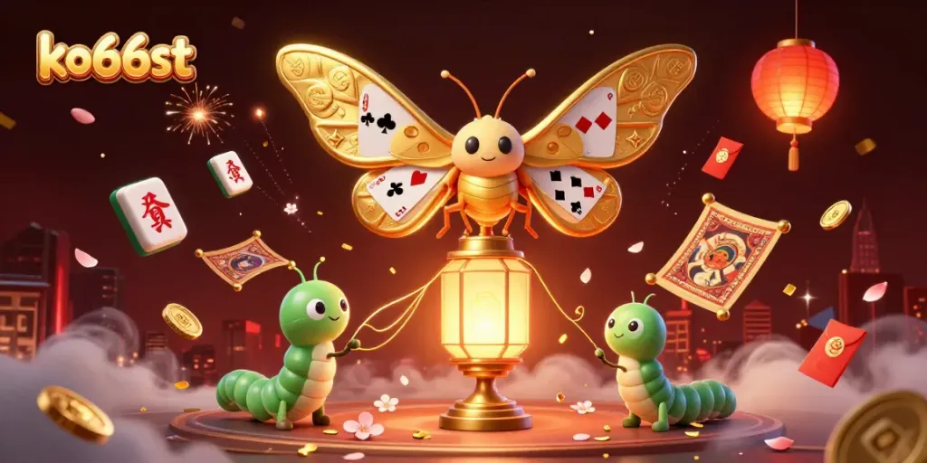 Experience vibrant casino excitement with ko66st's 3D moth character amidst festive gaming elements and golden symbols.