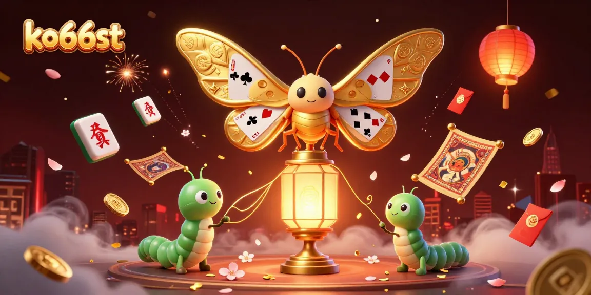 Experience vibrant casino excitement with ko66st's 3D moth character amidst festive gaming elements and golden symbols.