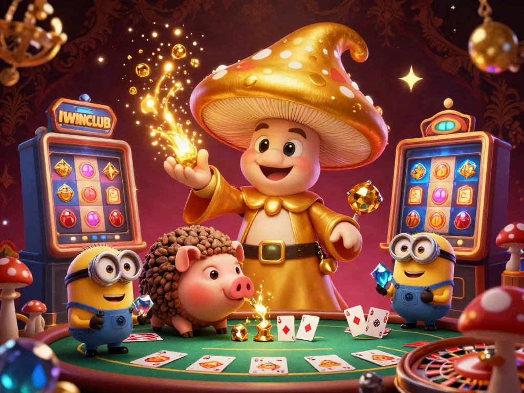 IWINCLUB features a dynamic scene with a golden mushroom wizard and casino elements like slot machines and roulette wheels.