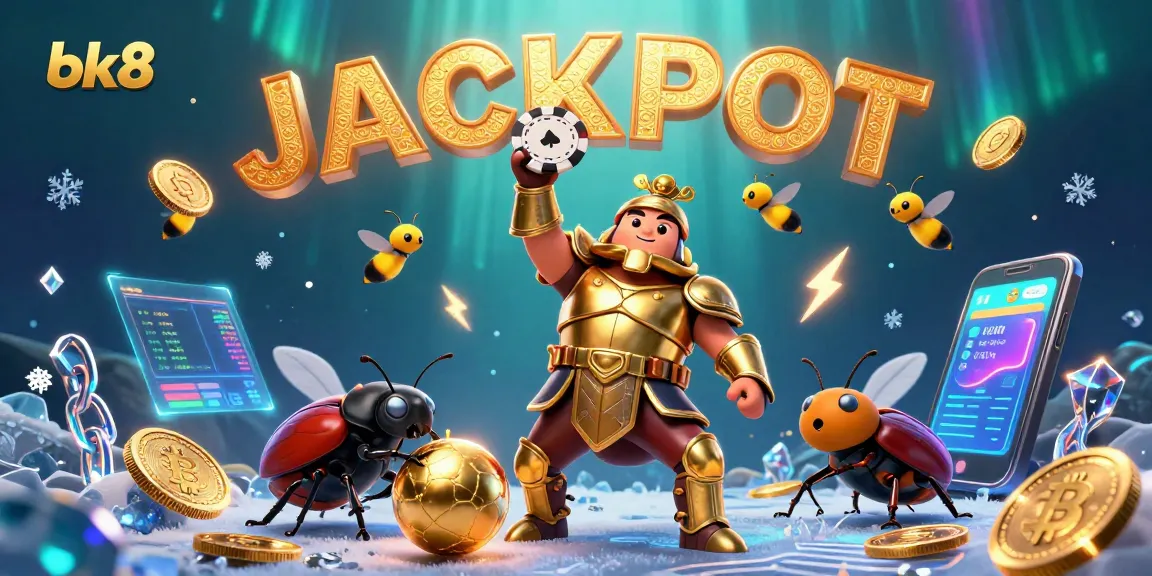 Experience the excitement of bk8 with a vibrant 3D scene of victory, jackpots, and cryptocurrencies.