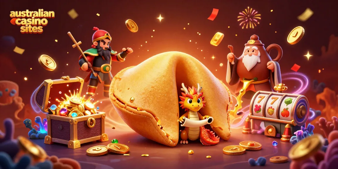 A vibrant 3D illustration showcasing the australian casino sites with golden fortune cookie and dynamic casino elements.