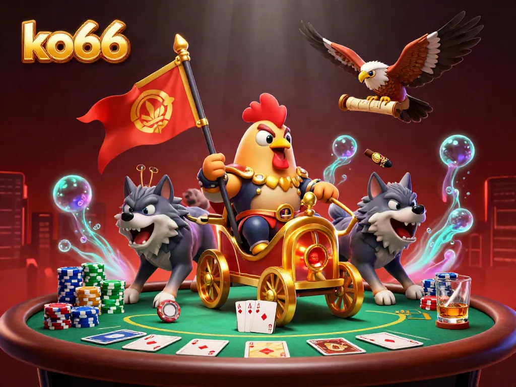 Experience the excitement of ko66 with a vibrant 3D cartoon scene featuring a rooster warlord and casino elements.
