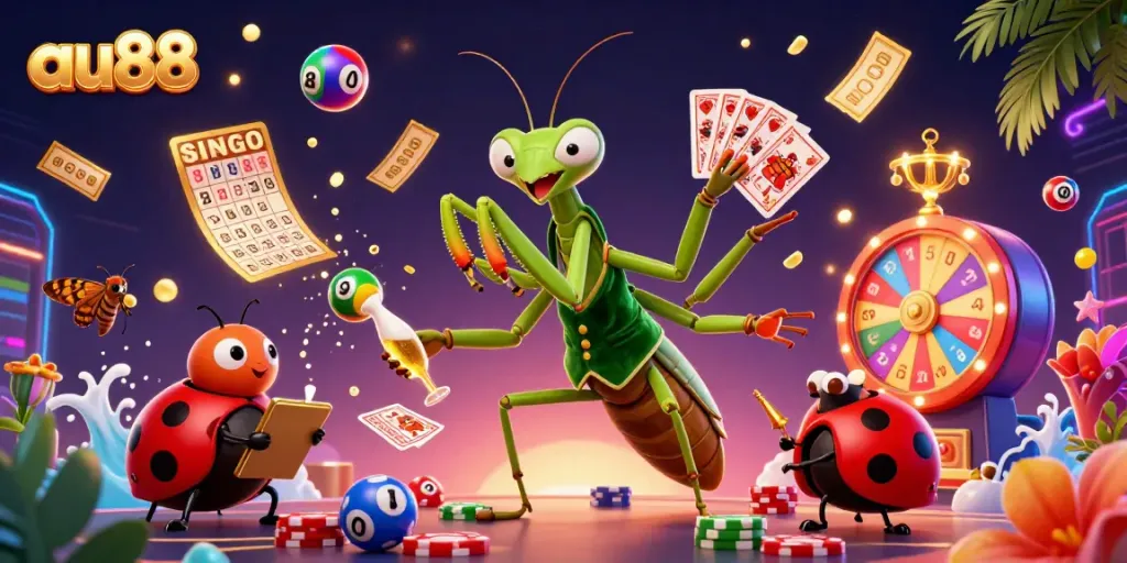 Engaging au88 casino illustration showcasing a dynamic scene of gaming excitement with vibrant elements.