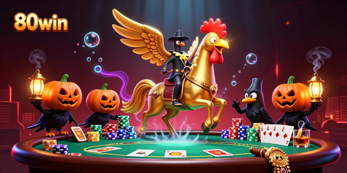Experience the thrill of 80win with a golden rooster and spectral horse in a vibrant casino.