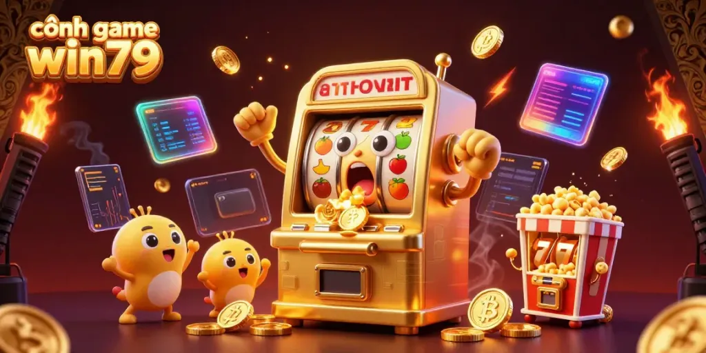 Experience the excitement of cổng game win79 with a golden slot machine celebrating a jackpot, surrounded by vibrant elements.