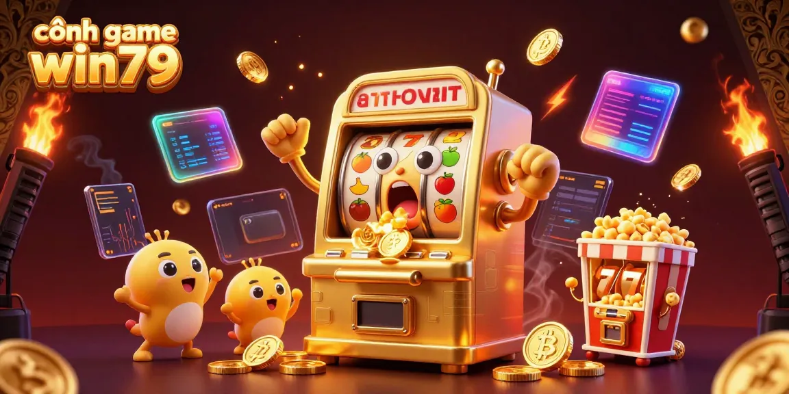 Experience the excitement of cổng game win79 with a golden slot machine celebrating a jackpot, surrounded by vibrant elements.