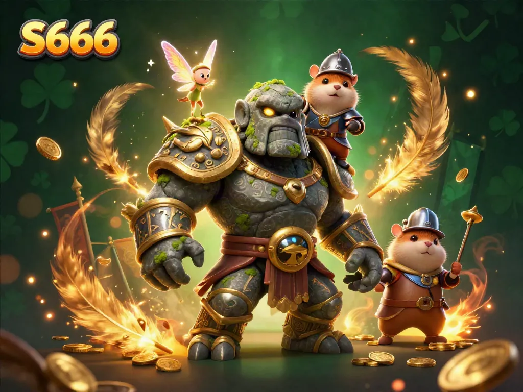 Engage with the exciting world of S666 as a golem guardian and fairy create a magical atmosphere in this vibrant casino scene.
