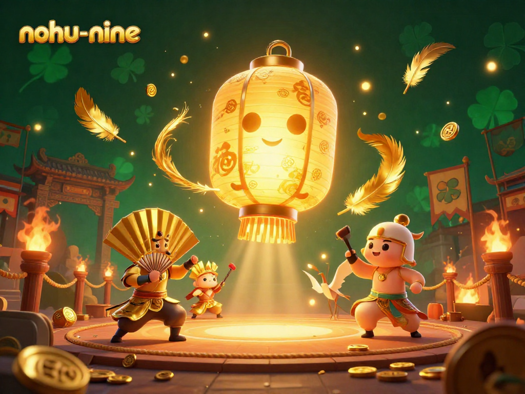 Engage in thrilling gameplay at nohu-nine, featuring a glowing golden lantern spirit and warriors in a vibrant casino scene.