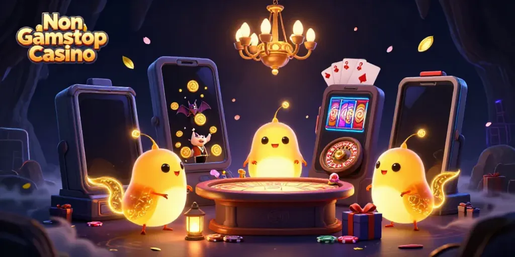 Play and win at Non Gamstop Casino with glowworms lighting the way in a vibrant 3D casino scene.