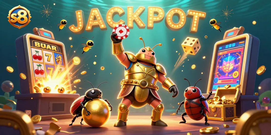 Experience thrilling excitement with S8's jackpot scene featuring dynamic 3D characters and vibrant casino elements.