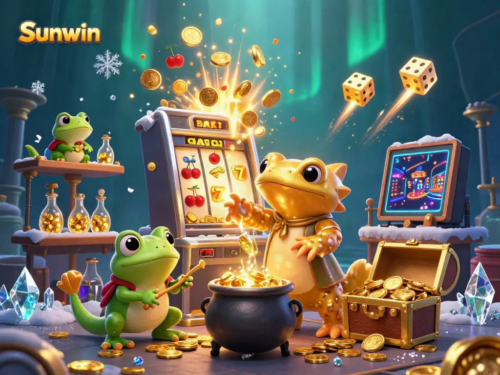 Experience the excitement of Sunwin with a vibrant 3D casino scene featuring gold coins and dynamic jackpots.