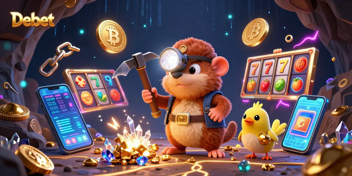 Engage with Debet betting options through a vibrant 3D casino illustration featuring trendy characters mining for treasures.