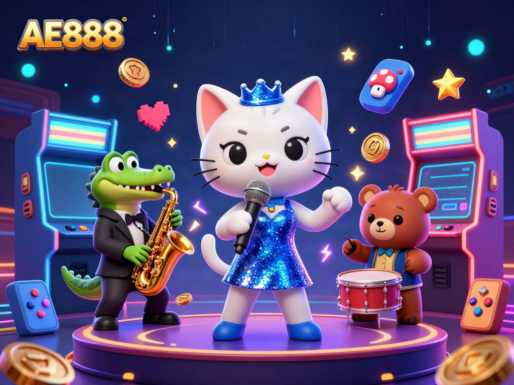 Experience the lively world of AE888 casino with a jazz-singer cat and friends performing on stage.