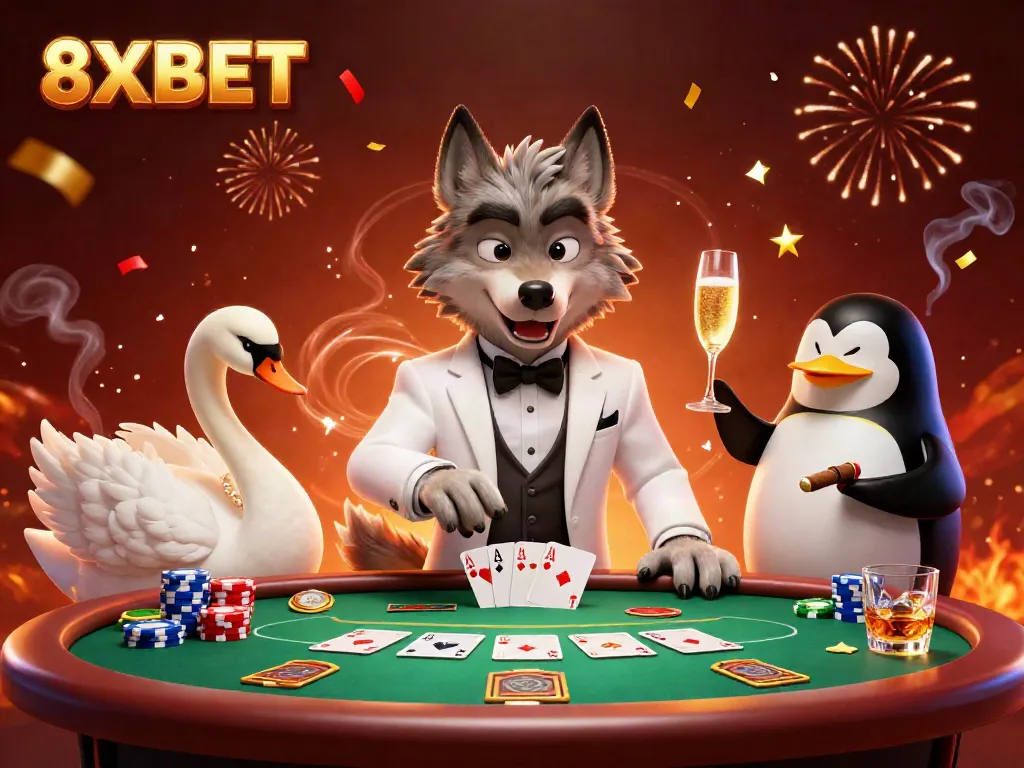 Engage in thrilling baccarat with 8XBET, featuring a wolf and swan at the table.
