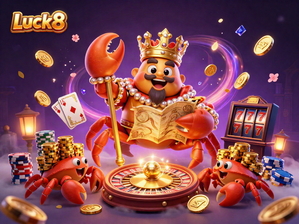 Experience exciting gaming with Luck8, featuring a golden crab emperor in a vibrant casino setting.