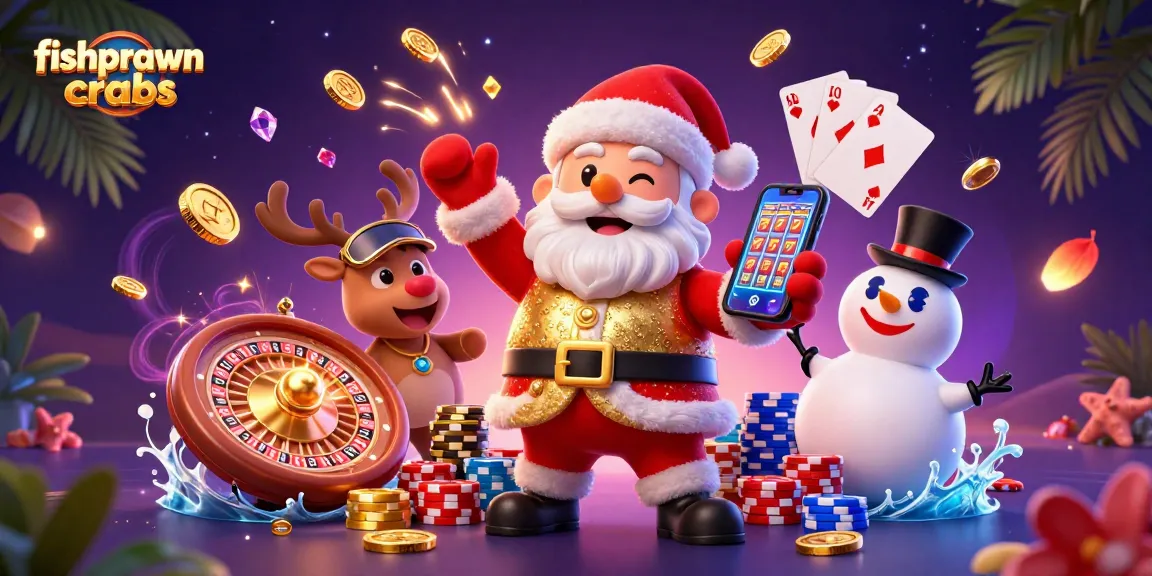 Win big with fishprawncrabs in this vibrant 3D casino illustration featuring festive characters!