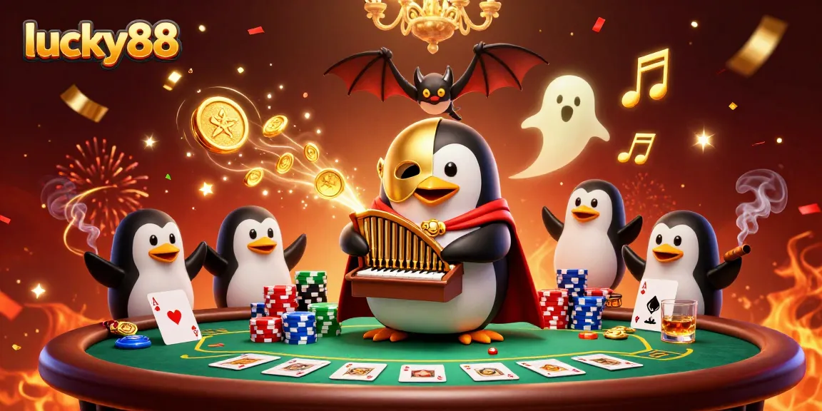 Engage with lucky88's vibrant atmosphere featuring a penguin organist and dynamic poker scene.