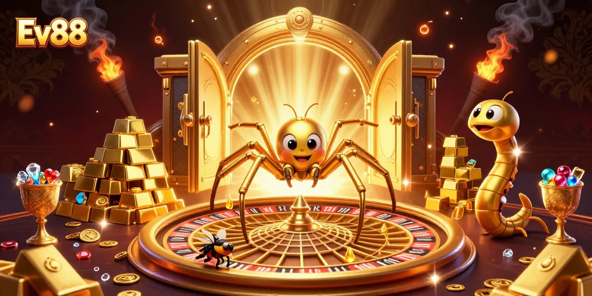 Ev88 promotes excitement with a golden spider and roulette wheel illustration.