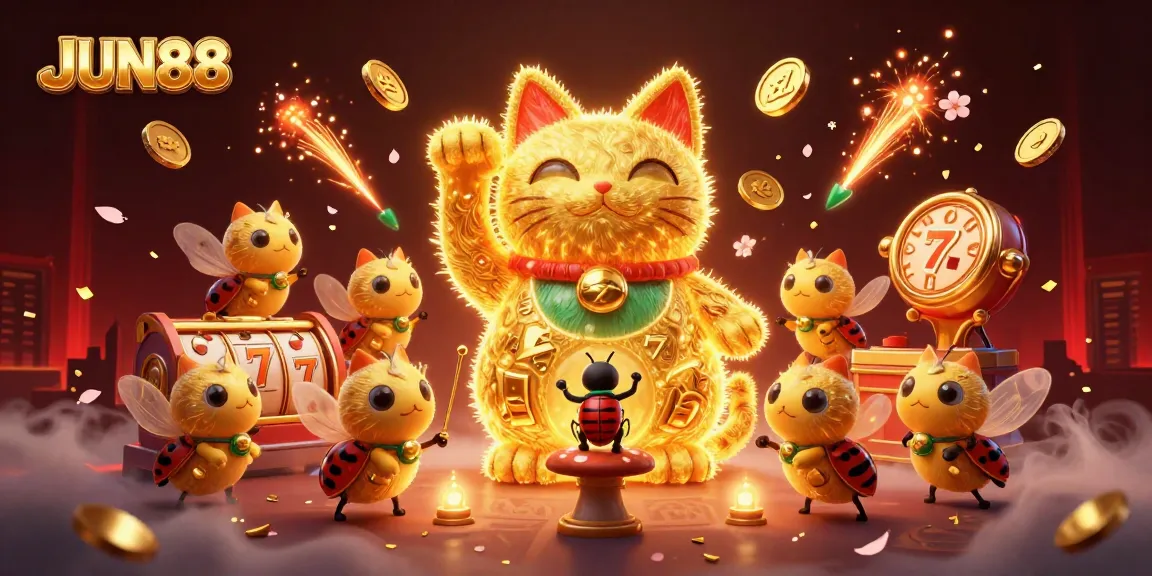 Experience the vibrant gamble at JUN88 with a dynamic illustration of a golden lucky cat and casino characters.