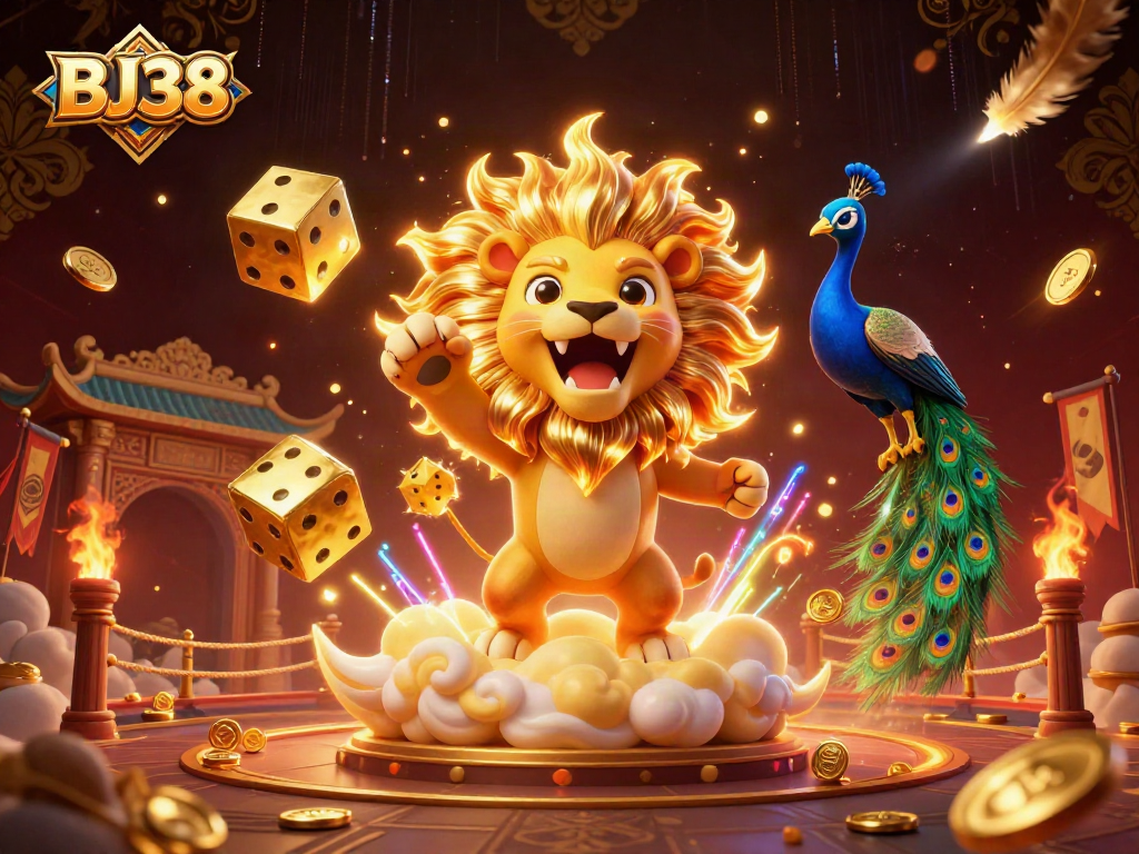 Engage in thrilling casino action with BJ38, a colorful 3D illustration of a roaring lion and golden dice.