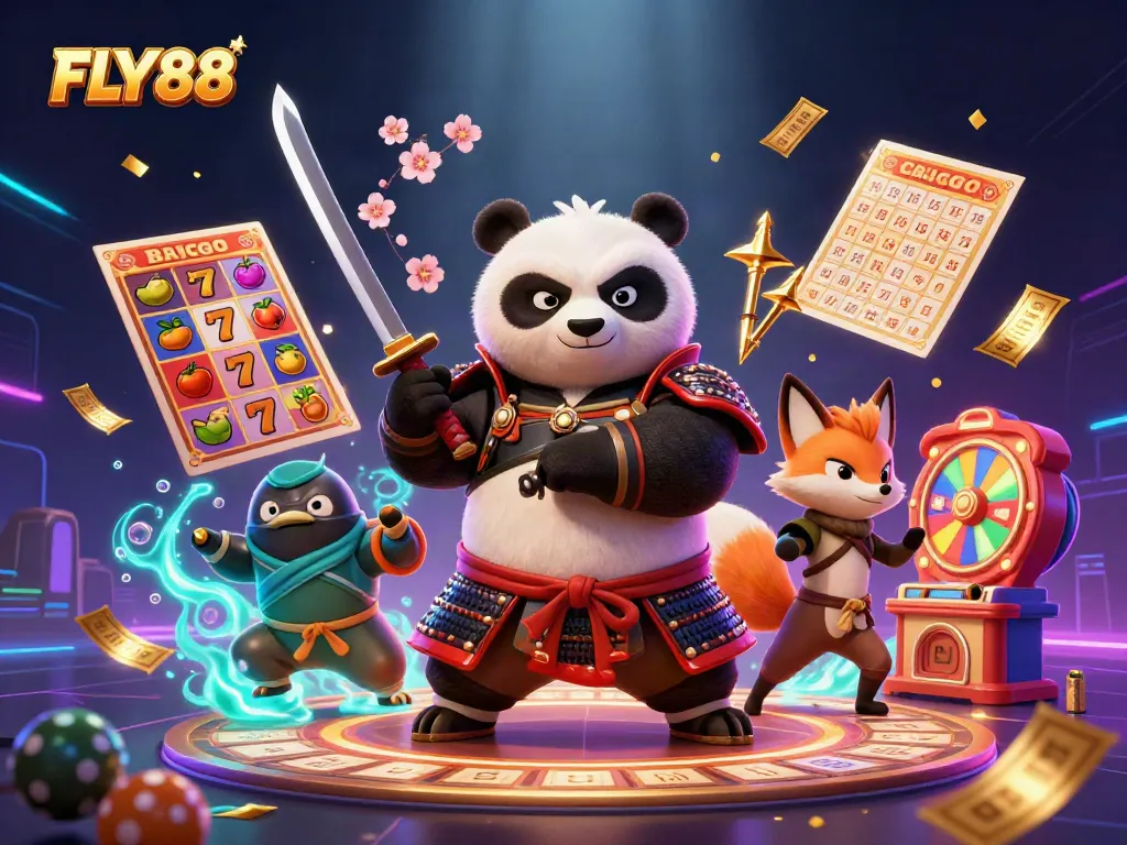 Engaging FLY88 online slots illustration showcasing a fierce samurai panda, ninja fox, and dynamic casino elements.