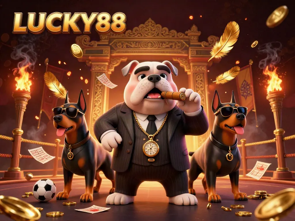 Engage with LUCKY88 in a vibrant scene showcasing a mafia bulldog and bet slips amid dynamic sports elements.