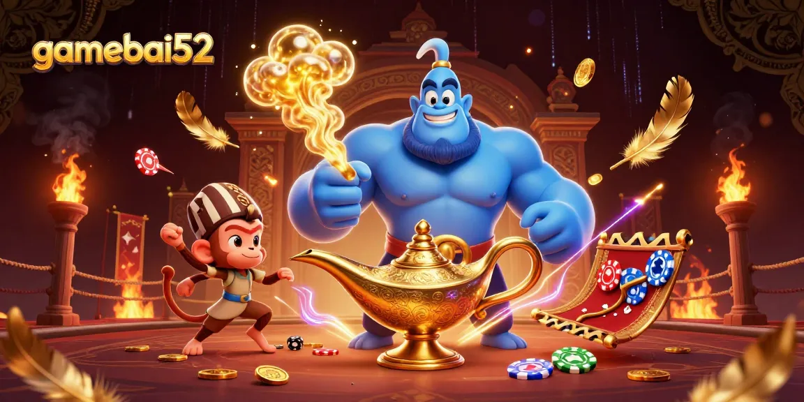 Engage in thrilling gameplay at gamebai52 with a vibrant scene featuring a genie, monkey, and magic carpet.