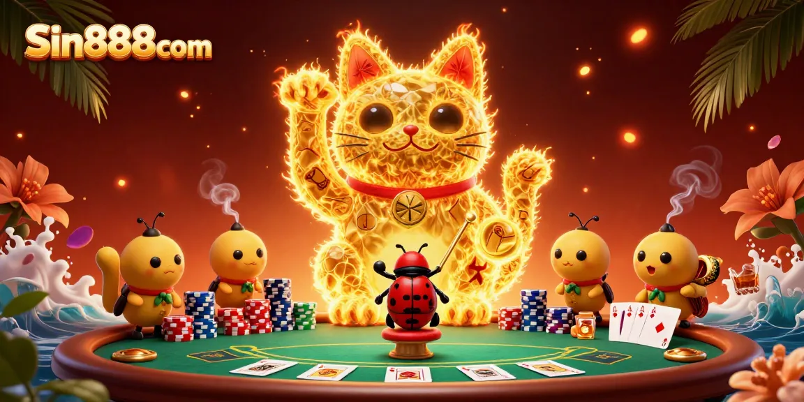 Play exciting games at Sin888com with a vibrant lucky cat and casino symbols.