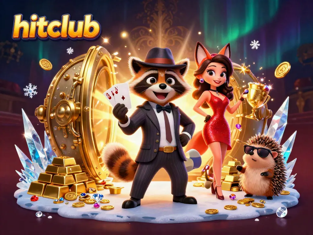 Experience thrilling wins with hitclub at this vibrant casino scene featuring a raccoon and fox.