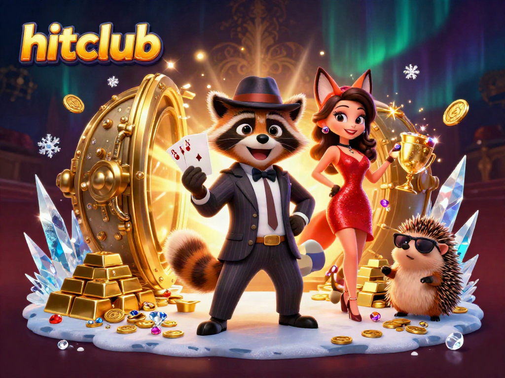 Experience thrilling wins with hitclub at this vibrant casino scene featuring a raccoon and fox.