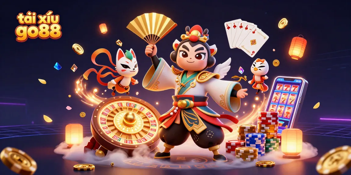 Tài xỉu go88 game illustration showcasing kabuki warrior and dynamic casino elements for gamblers.