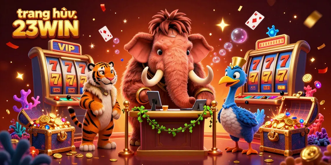 Experience the vibrant energy of trang chủ 23WIN with a lively casino scene, showcasing a woolly mammoth and friends.