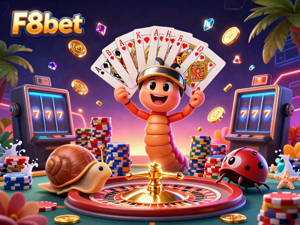 Engage in thrilling gambling action with F8bet, featuring a vibrant 3D casino scene full of excitement.