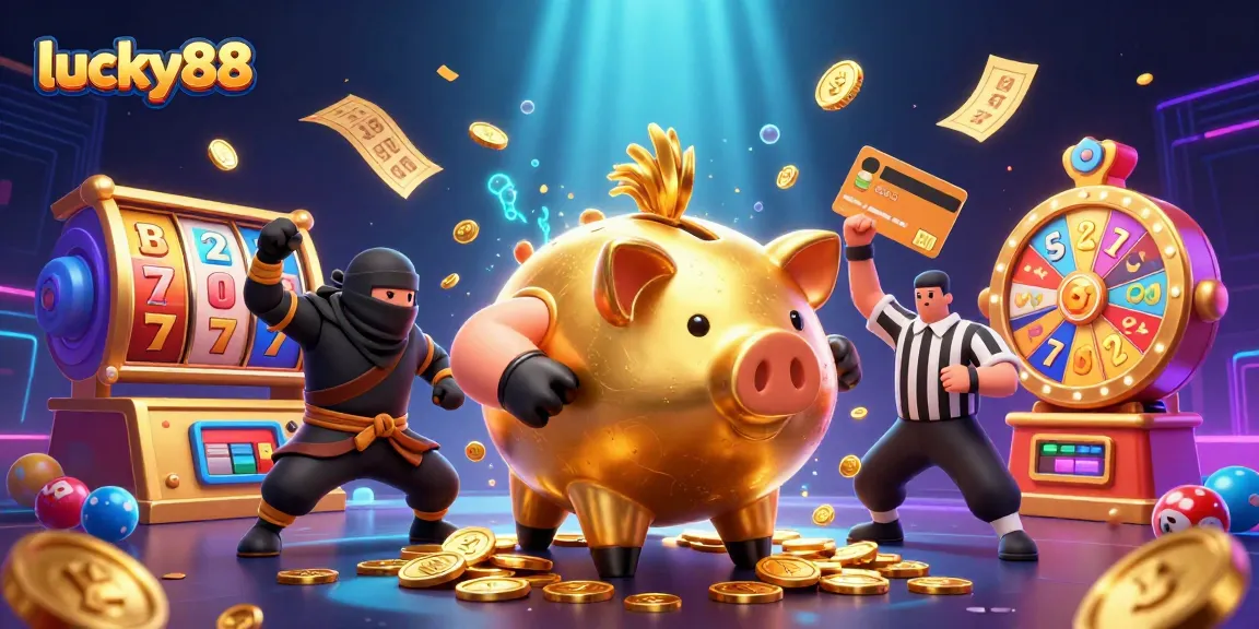 Engaging lucky88 slot scene with a sumo wrestler, ninja, and coins raining down