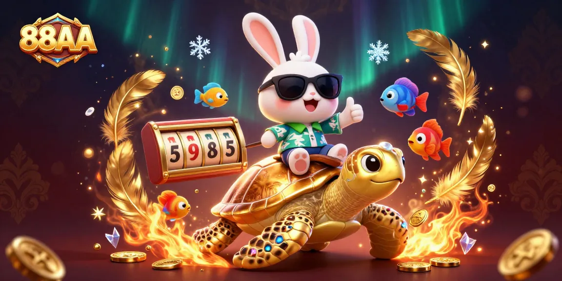 88AA promotes thrilling gameplay as the lucky rabbit rides a golden turtle surrounded by vibrant casino elements.