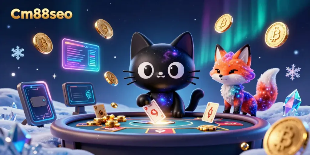 Experience immersive gameplay and cosmic thrills with cm88seo's vibrant casino illustration featuring a black hole cat.