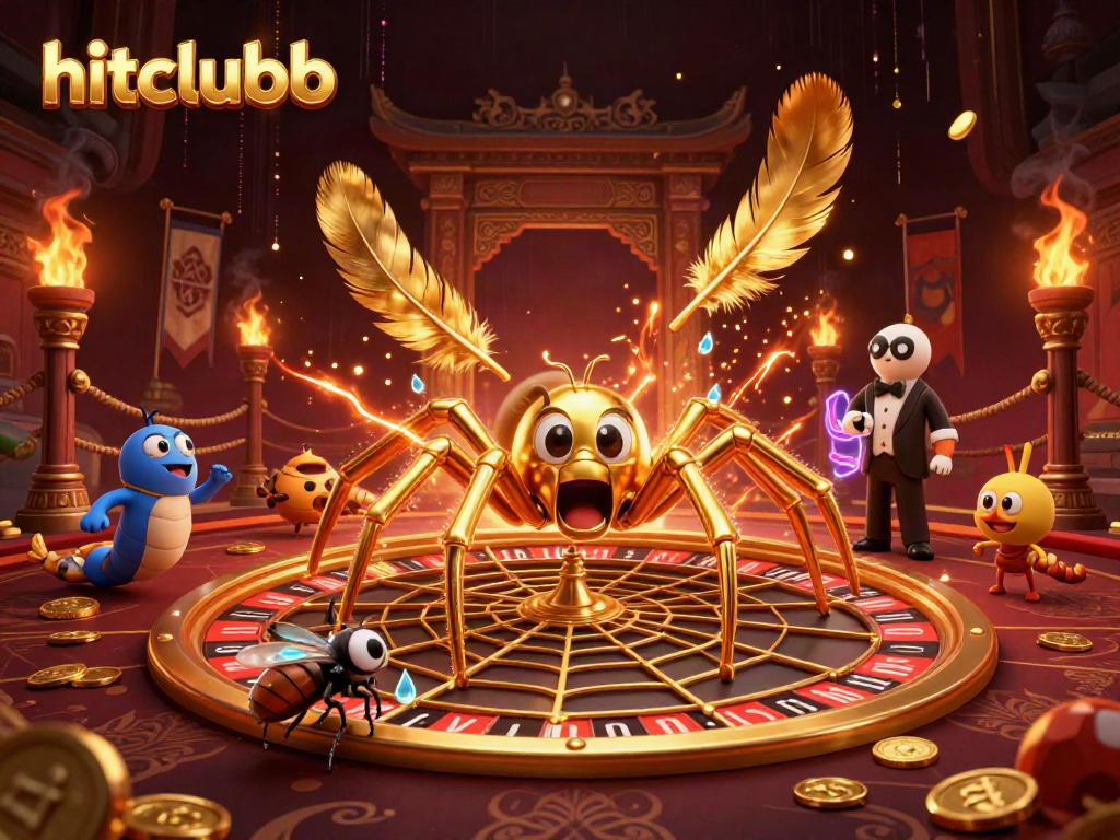 Experience the thrill of hitclubb with the golden spider and centipede croupier in a vibrant casino scene.