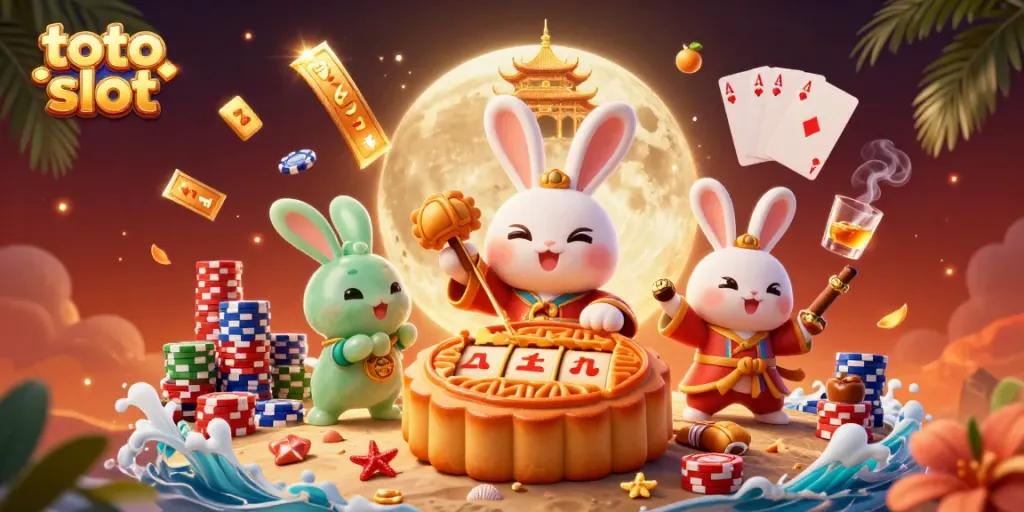 Experience the excitement of toto slot with 3D moon rabbits and jackpots exploding in a vibrant casino scene.